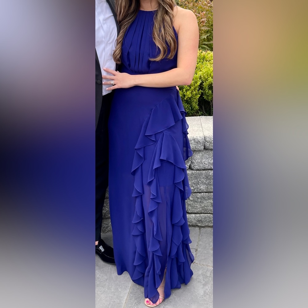 Betsy & Adam Halter-Neck Ruffles Gown in Electric Blue